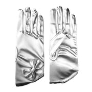 Adult Silver Satin Short Gloves With Silver Bow