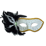 White Cracked Masquerade Mask With Black And White Feathers And Gold Trim